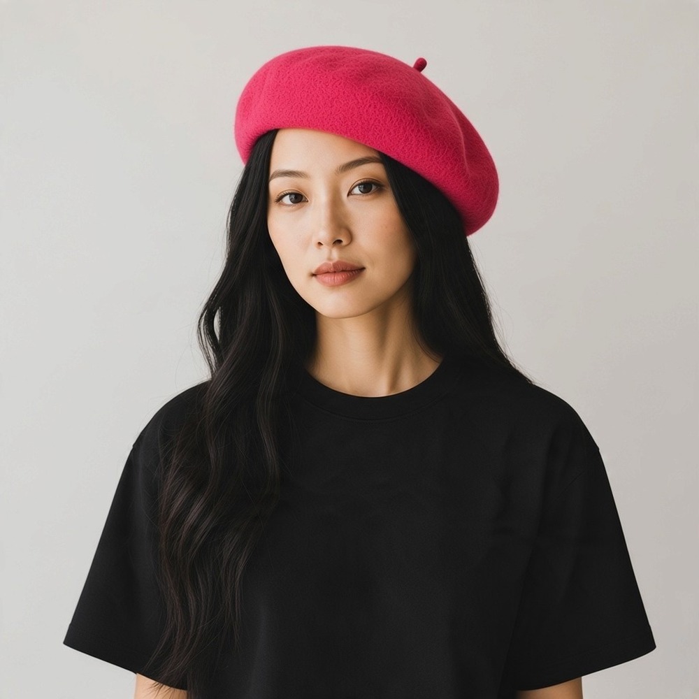 Unbranded Beret Hat Pink Fuchsia Wool Parisian French Style Retro Minimalist